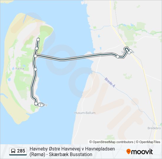 285 Rute Rejseplaner stop kort Skærbæk Opdateret