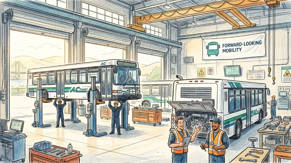 AC Transit maintenance facility with buses and mechanics working