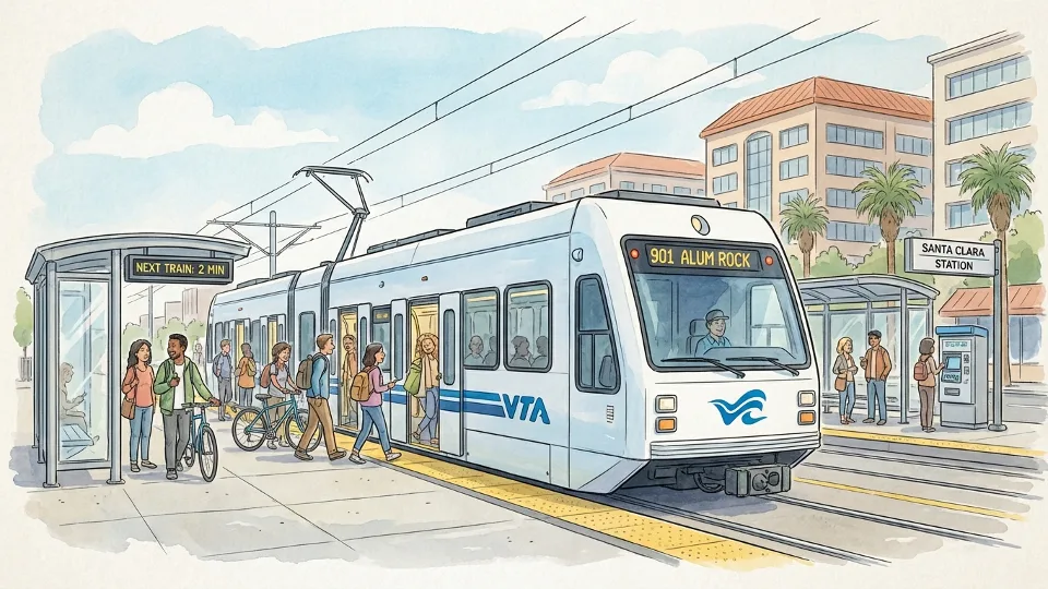 VTA light rail train at downtown San Jose station with passengers boarding