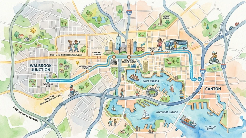 Map view of Baltimore showing Walbrook Junction and Canton areas connected by transit corridor