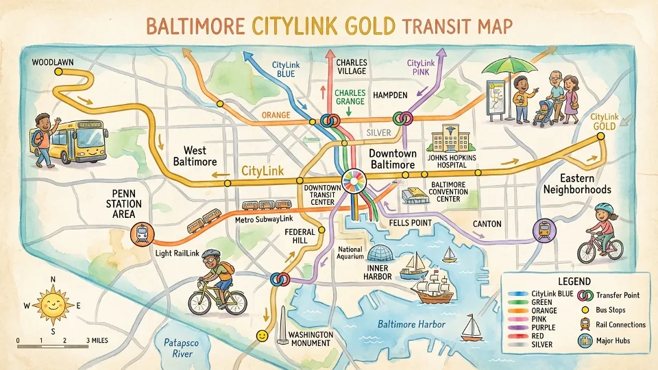 Baltimore transit map showing CityLink GOLD route alignment and connection points