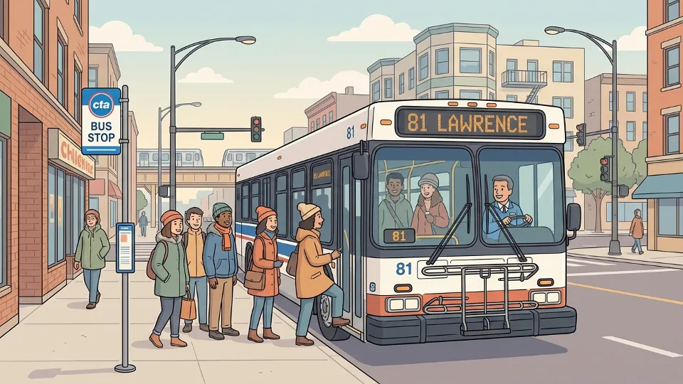 Chicago CTA bus Route 81 Lawrence at a bus stop on a city street with passengers boarding