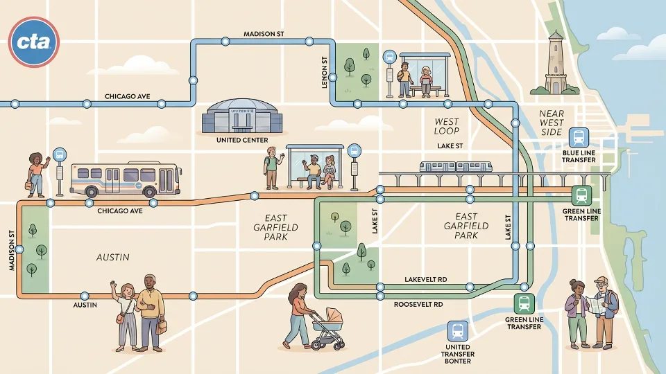 CTA bus route map showing Chicago West Side corridor with multiple bus stops