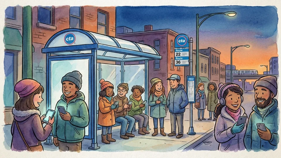 Passengers checking mobile phones at Chicago bus stop, looking at transit information