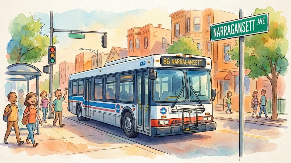 CTA Bus Route 86 on Chicago street with Narragansett Avenue street sign visible