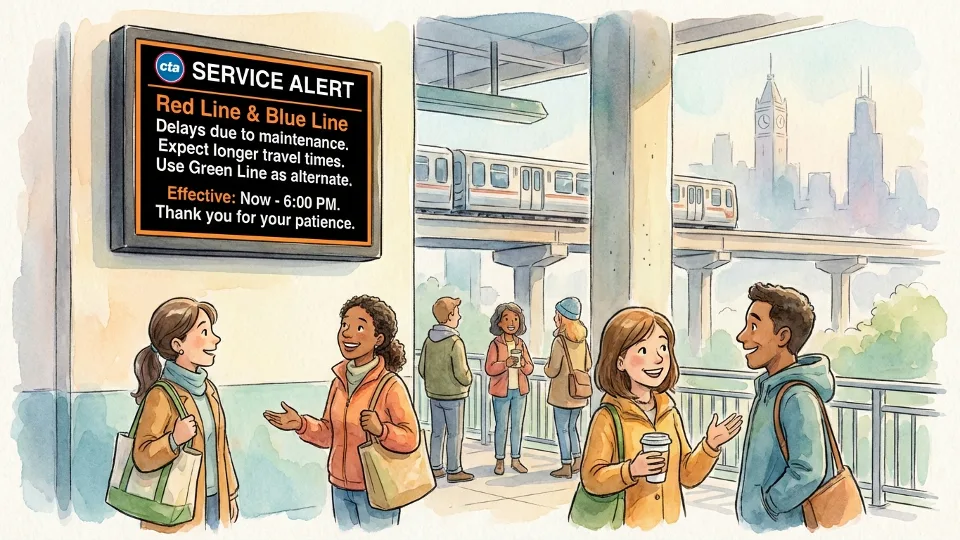 CTA service alert displayed on digital screen at Chicago transit station