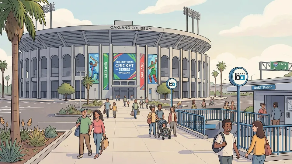 Oakland Coliseum exterior with BART station entrance and cricket match signage