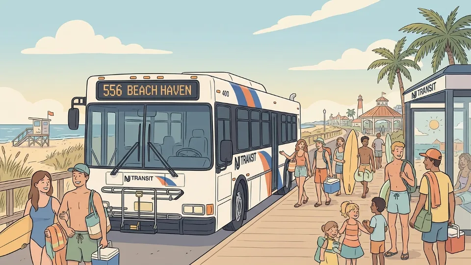 NJ Transit bus at beach destination stop with summer travelers
