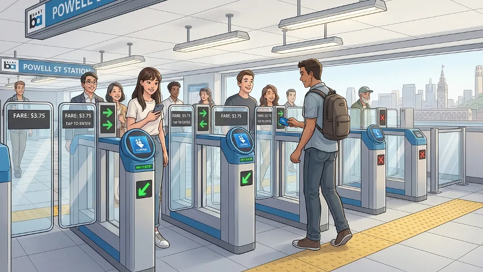 BART fare gate with contactless payment reader and taller barriers at station entrance
