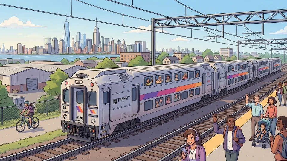 NJ Transit commuter rail train on tracks in New Jersey with New York City skyline in background