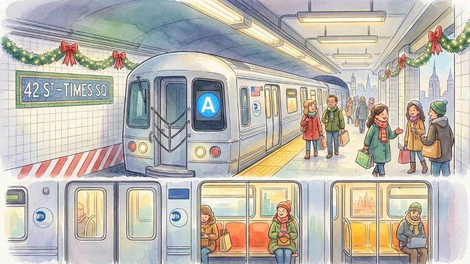 New York City subway train at platform during holiday period