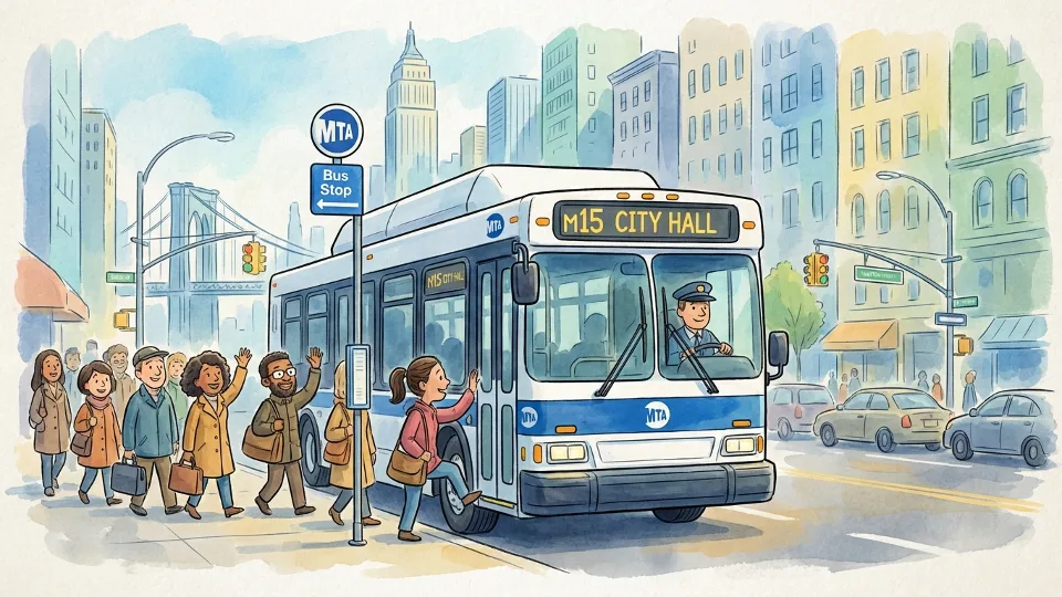 MTA bus on New York City street with passengers boarding