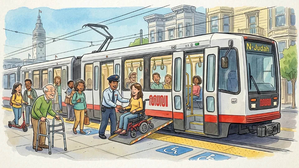 Passengers with mobility devices boarding accessible Muni light rail vehicle
