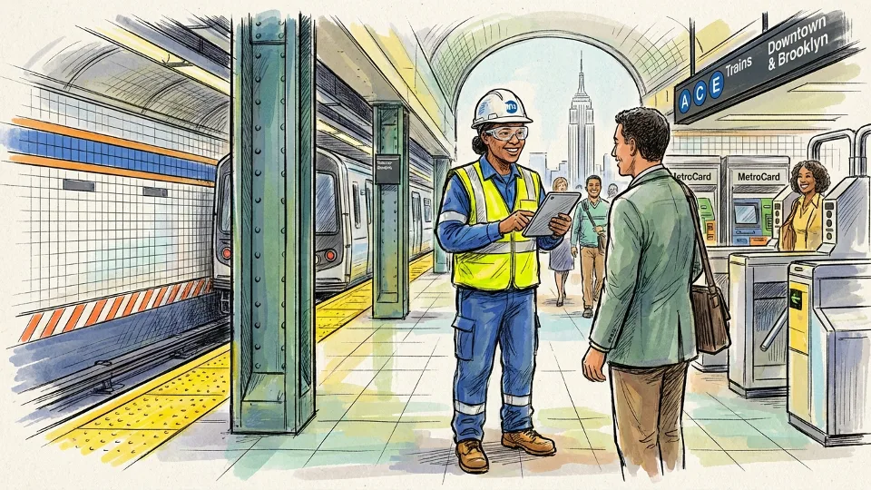 MTA employee conducting safety inspection at subway station