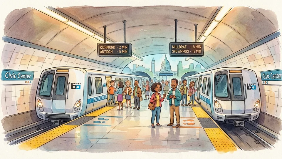 BART station platform with trains at Civic Center Station in San Francisco