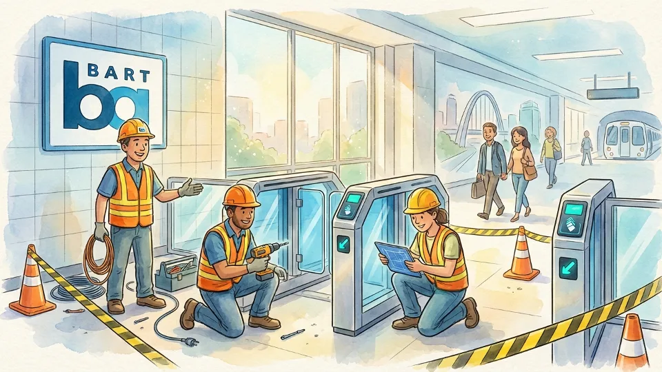 Construction work on BART fare gate installation at transit station with workers and equipment
