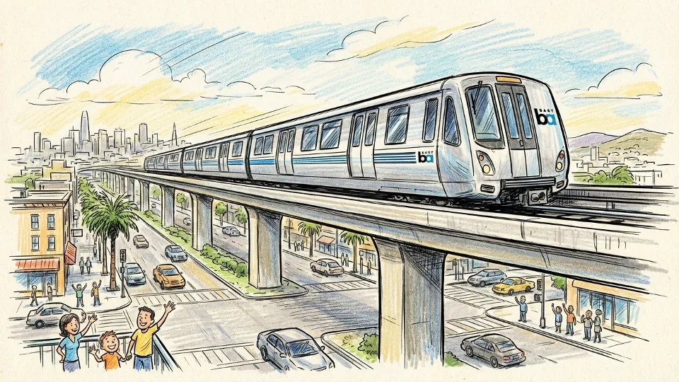 BART train operating on elevated tracks in Bay Area