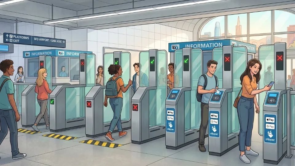BART fare gate with contactless payment reader at station platform