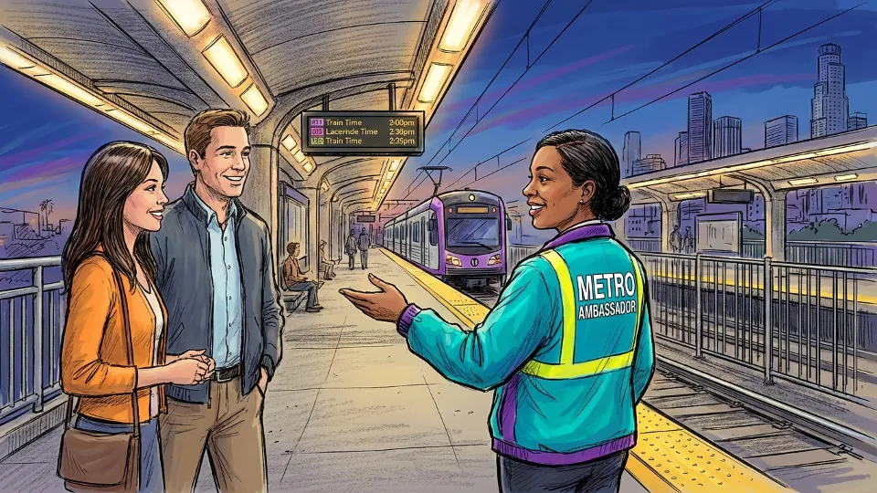 Metro Transit Ambassador on rail platform during evening service in Los Angeles
