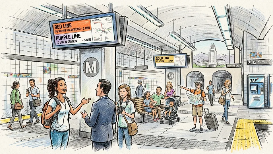 Passengers using Metro system in Los Angeles with transit information displays