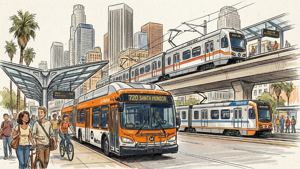 Metro bus and rail vehicles at downtown Los Angeles transit hub