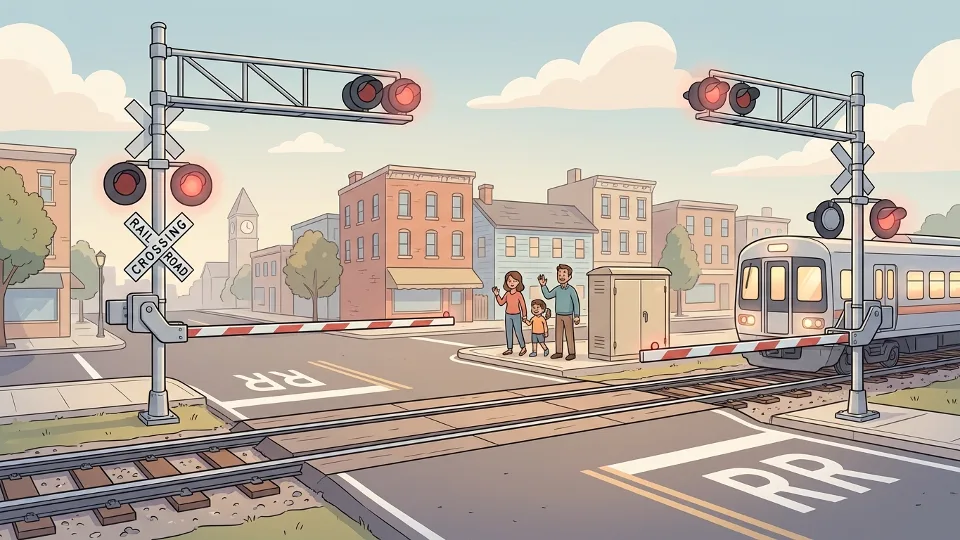 Railroad crossing warning gate and signals at Pennsylvania train crossing