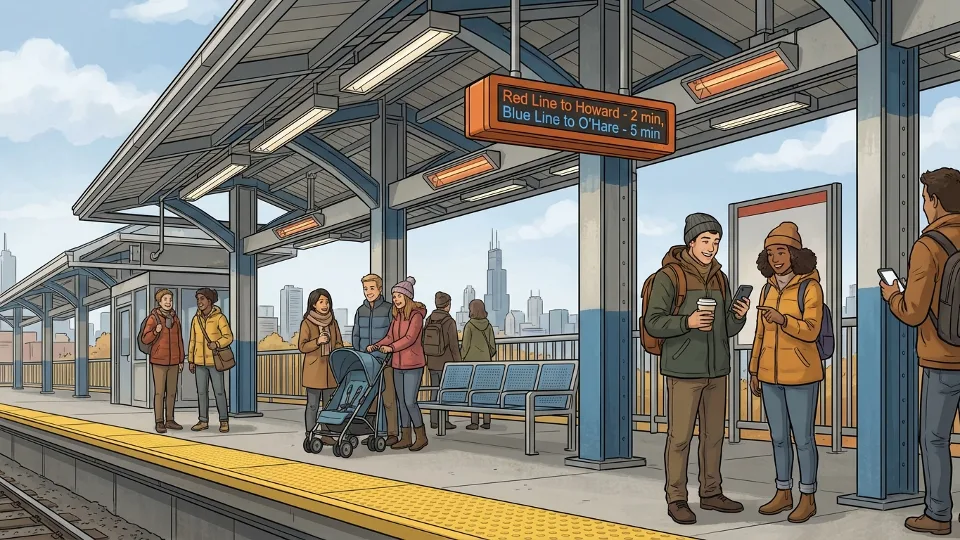 CTA train platform with waiting passengers and digital alert display