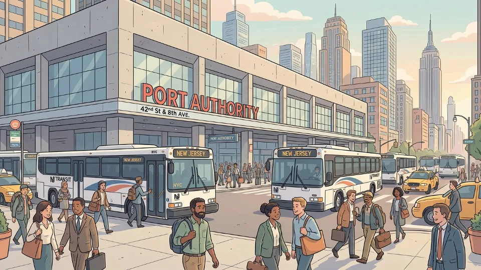 Port Authority Bus Terminal entrance with NJ Transit buses during morning rush hour