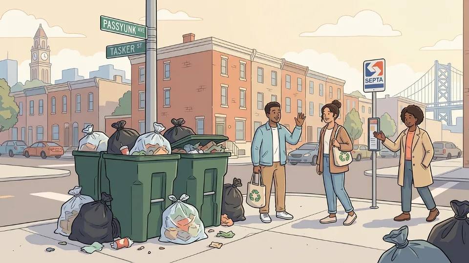 Overflowing trash bins at Philadelphia street corner with accumulated garbage bags