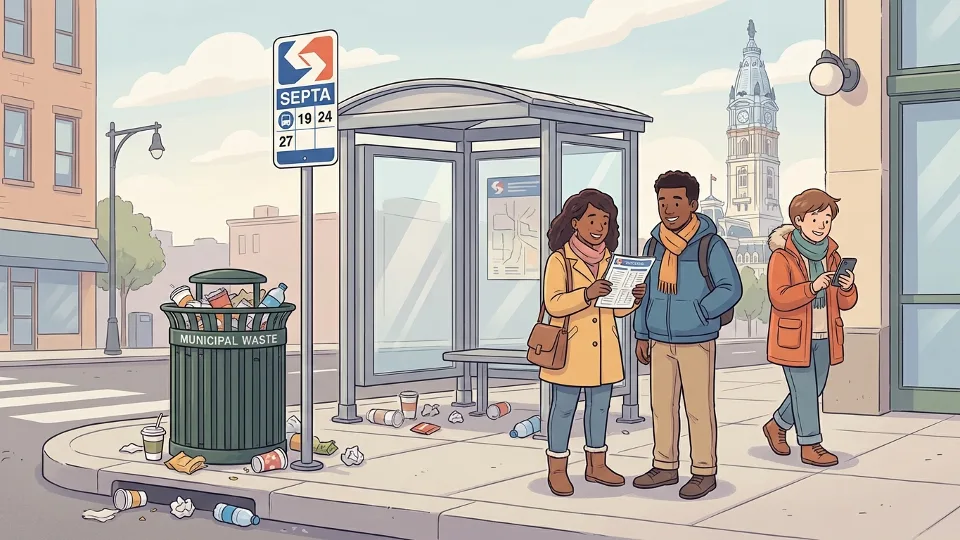 Philadelphia SEPTA bus stop with visible trash accumulation and overflowing waste bin