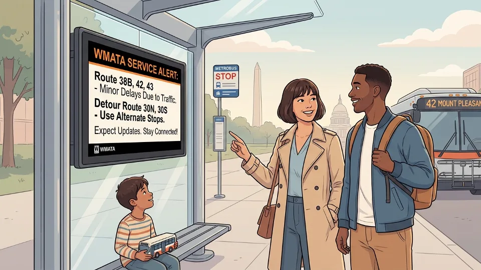 WMATA service alert displayed on digital screen at bus stop