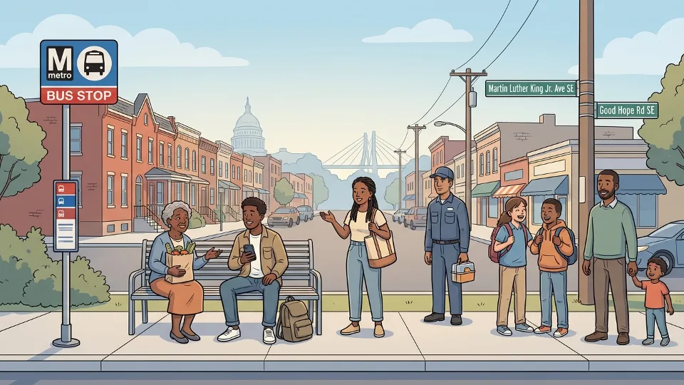 Transit riders waiting at alternative WMATA bus stop in Southeast DC
