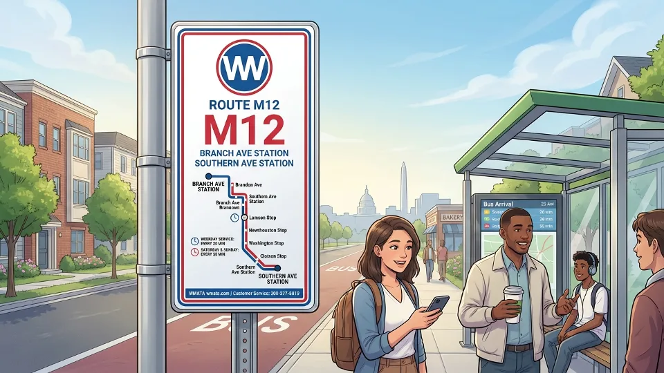 WMATA bus route sign showing M12 service information at Maryland transit stop