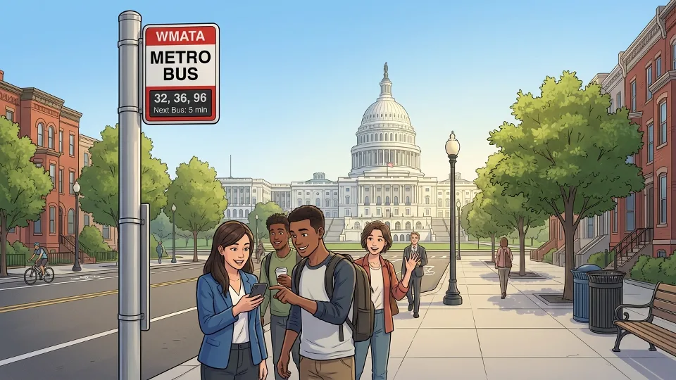 Bus stop sign in Capitol Hill with US Capitol building in background