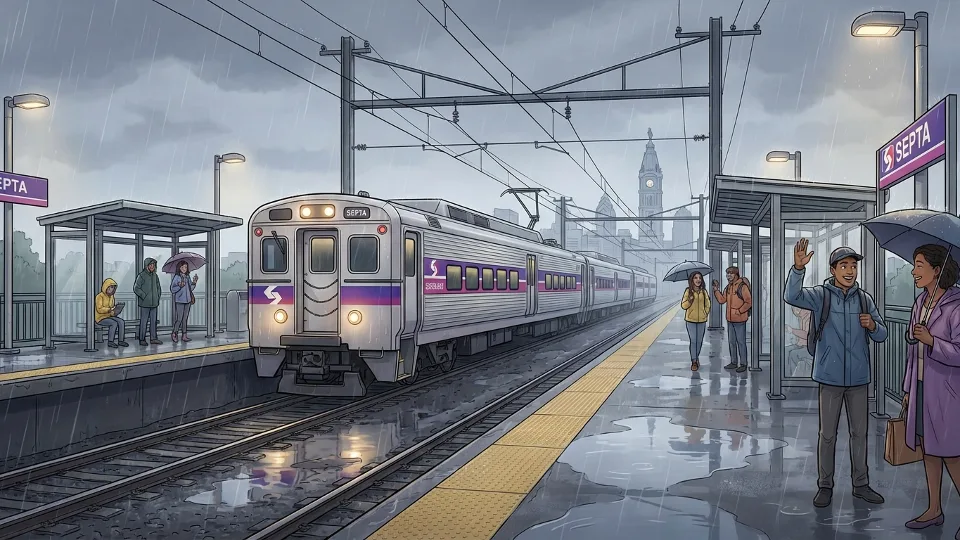 SEPTA regional rail train at station platform during rainy weather conditions