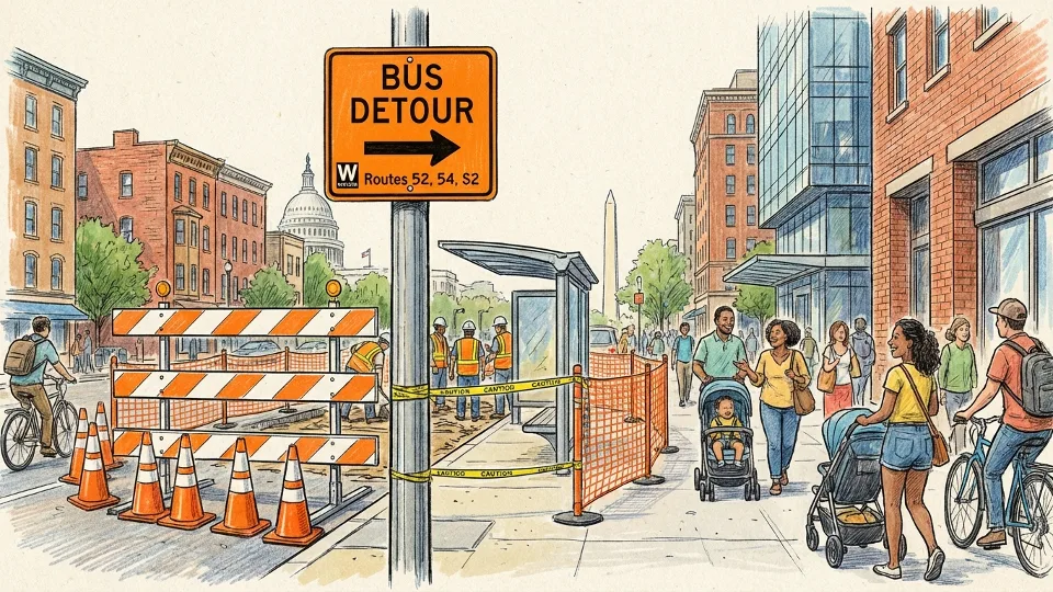 Bus detour sign and construction barriers at urban transit stop