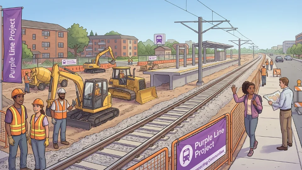 Purple Line construction site with transit equipment in Maryland