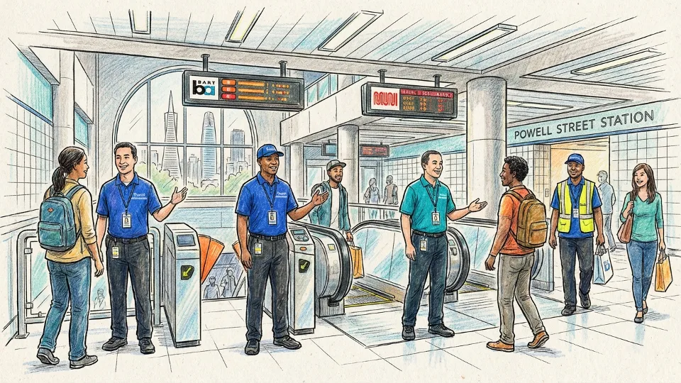 Metro transit ambassadors in uniform at busy transit hub