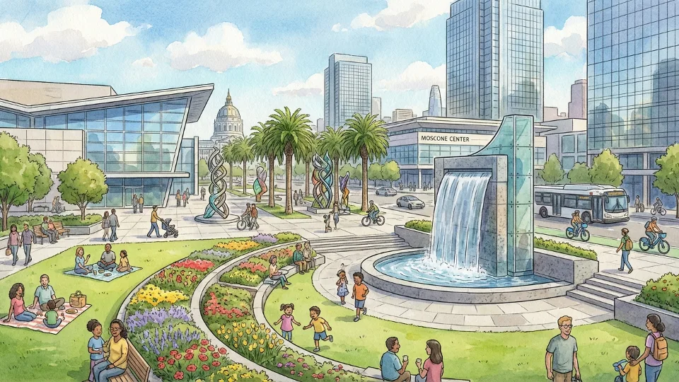Yerba Buena Gardens downtown San Francisco outdoor plaza with visitors and urban landscape