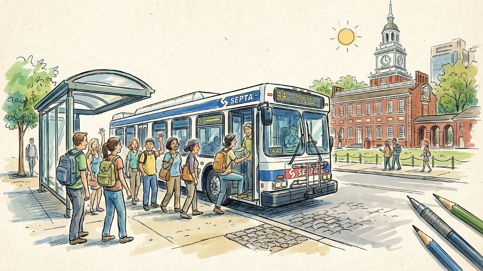 Philadelphia transit passengers boarding bus near Independence Hall