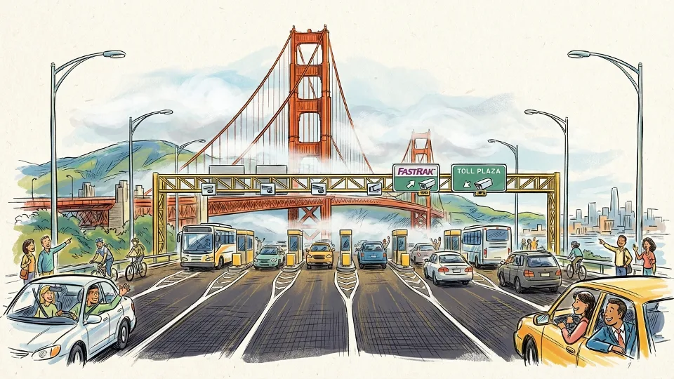 Golden Gate Bridge toll plaza with multiple lanes