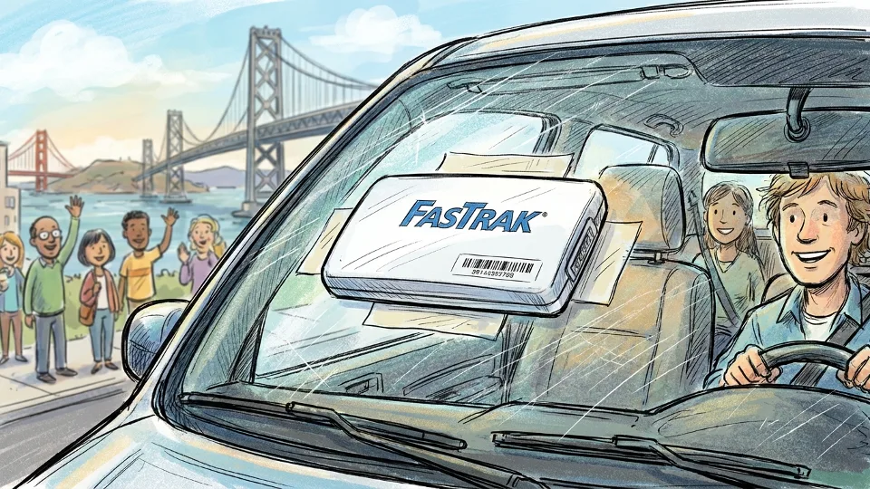 Bay Area FasTrak toll transponder on vehicle windshield