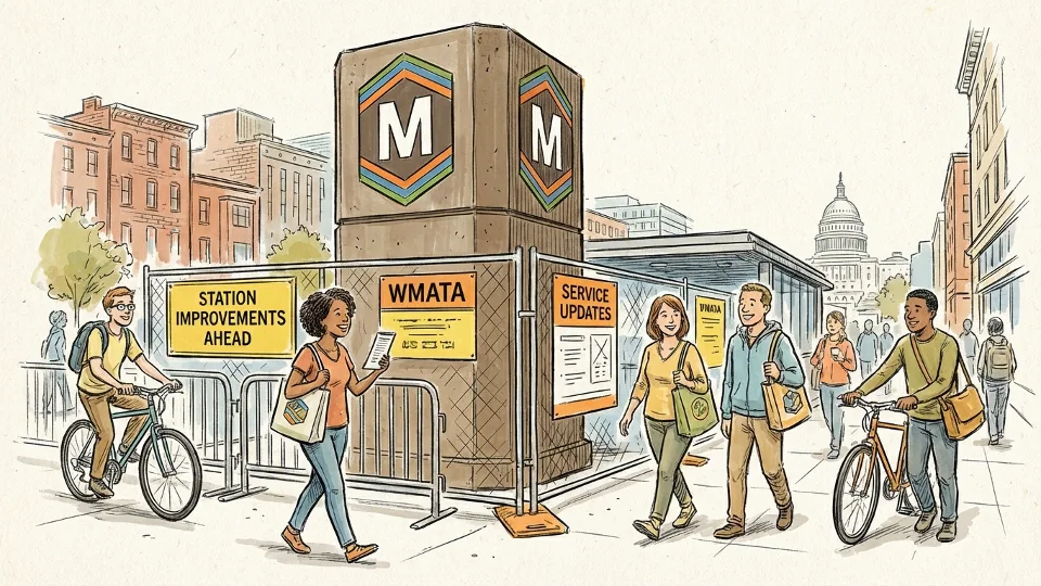Metro station entrance with construction notice signage