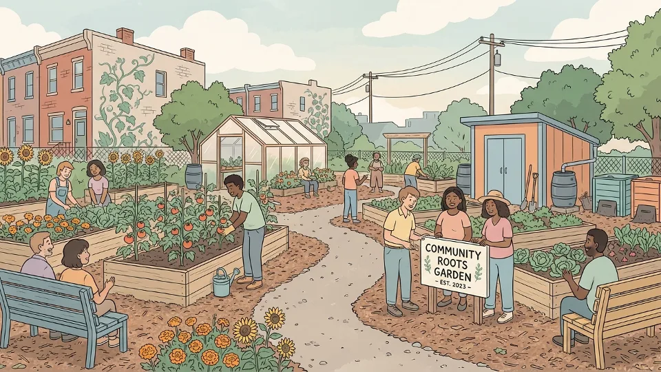 Urban garden space with pathways and seating areas in Northeast Philadelphia, vacant lot transformed into green sanctuary