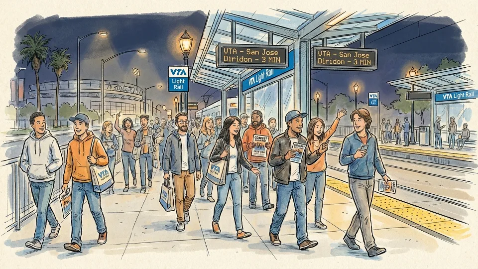 Crowd of concert attendees walking toward VTA light rail platform