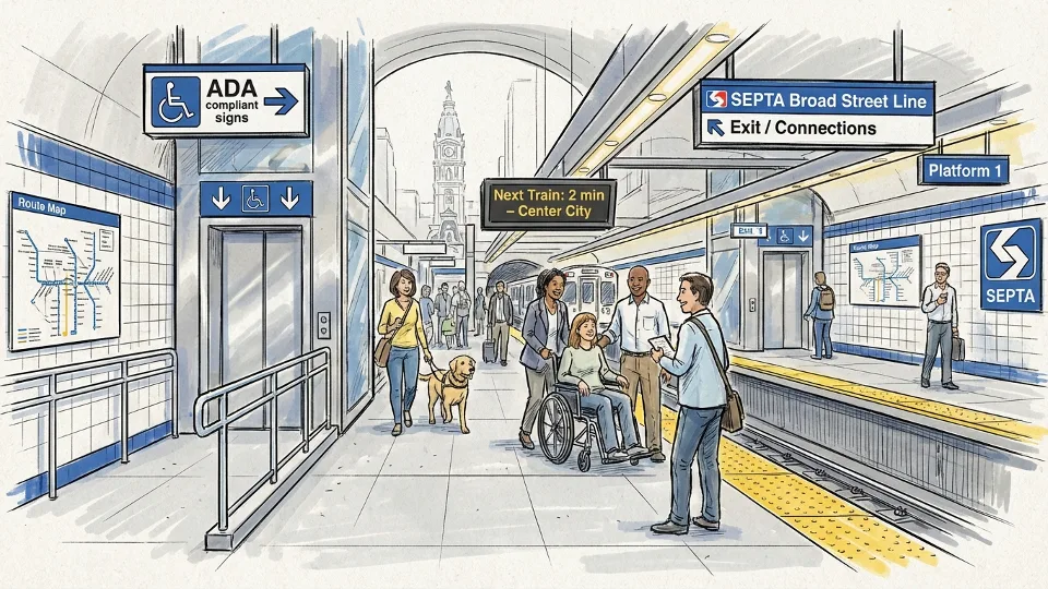 SEPTA Metro station platform showing accessibility features and signage