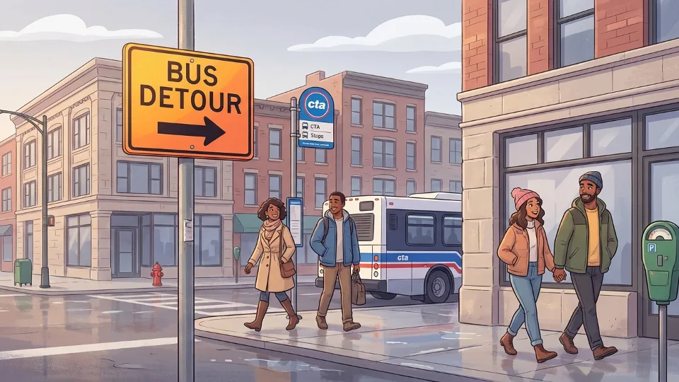 Bus detour sign on Chicago street