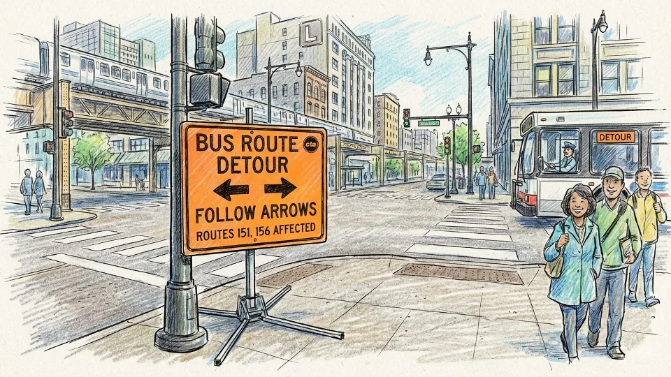 Chicago bus route detour sign at intersection