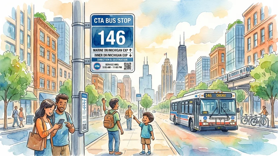 CTA bus stop sign showing Route 146 service information