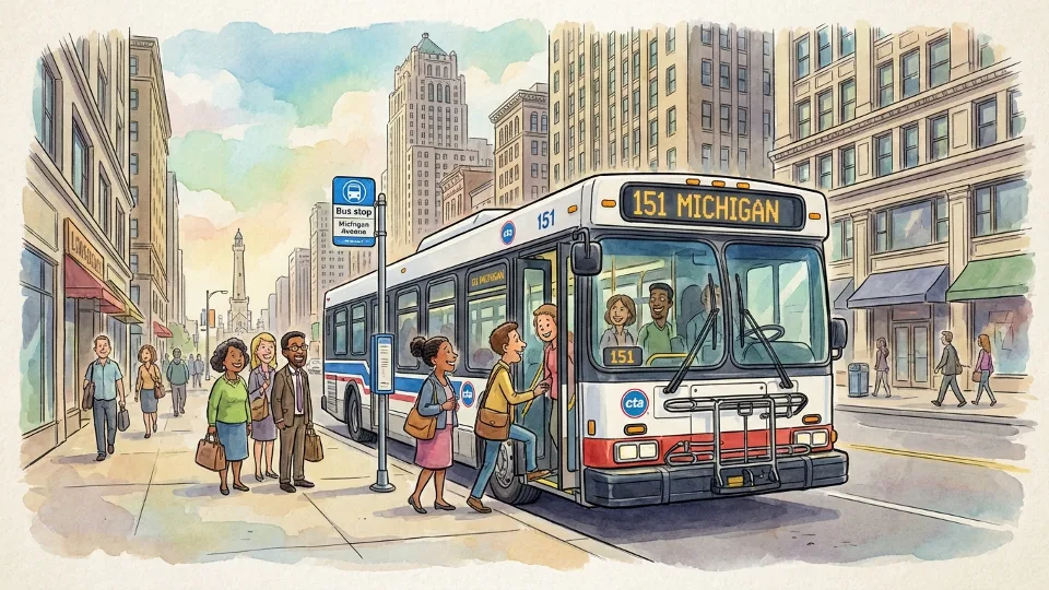 CTA bus on Michigan Avenue in downtown Chicago with passengers boarding